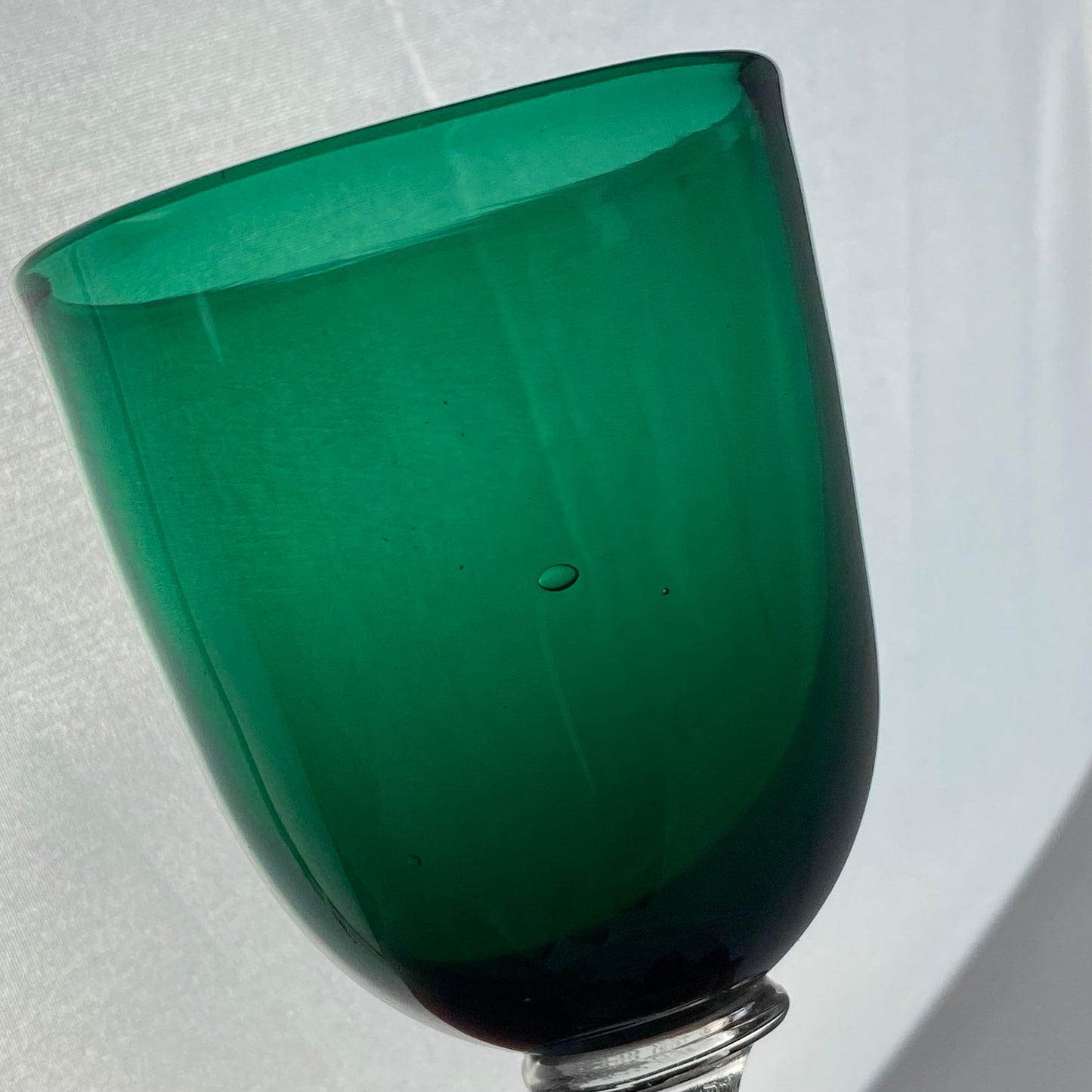 8  Antique Emerald Green Small Wine / Sherry Glass Clear Stem Bristol Studio