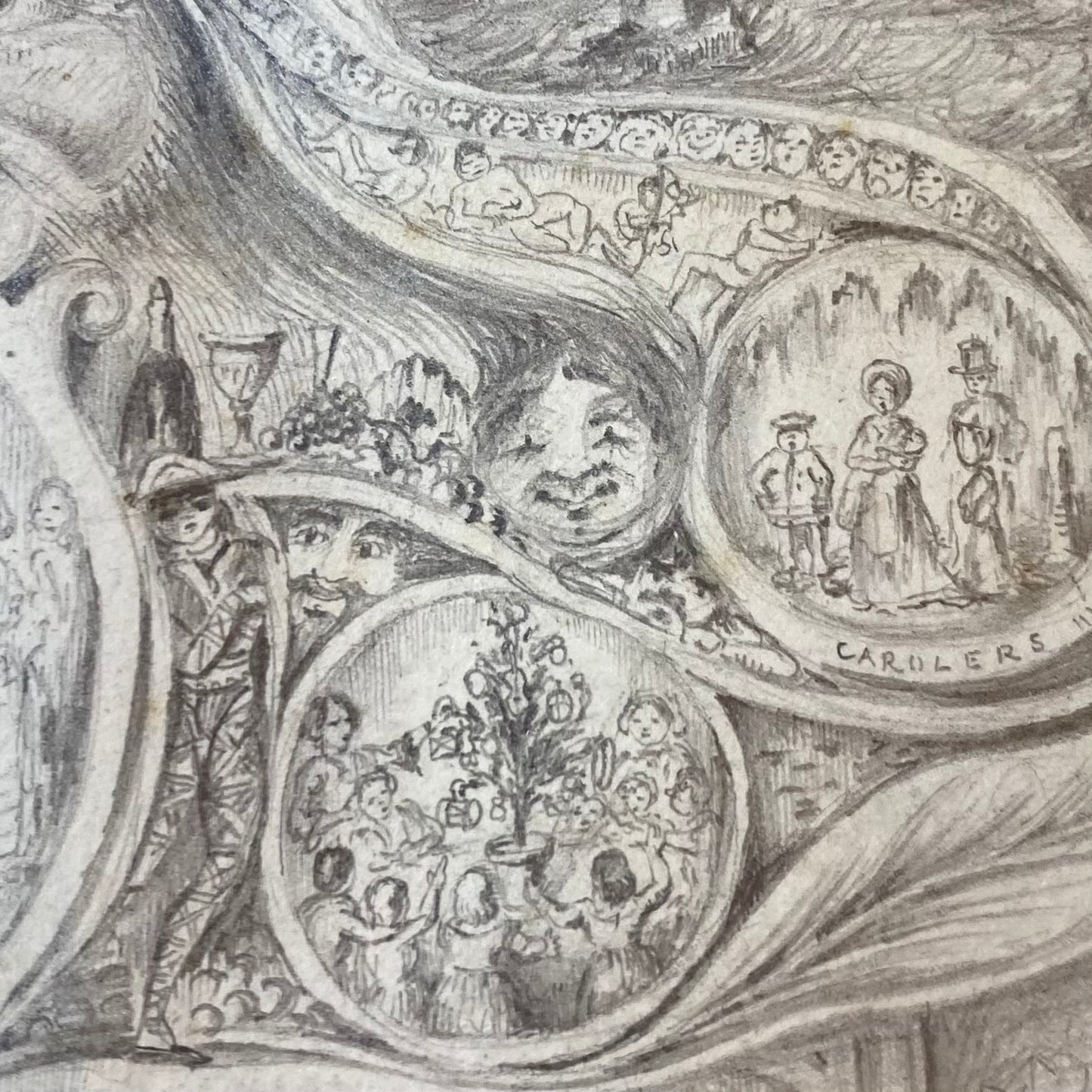 Antique Pencil Fine Drawing Christmas A Reverie 19thc Illustration by Hinksley 1857