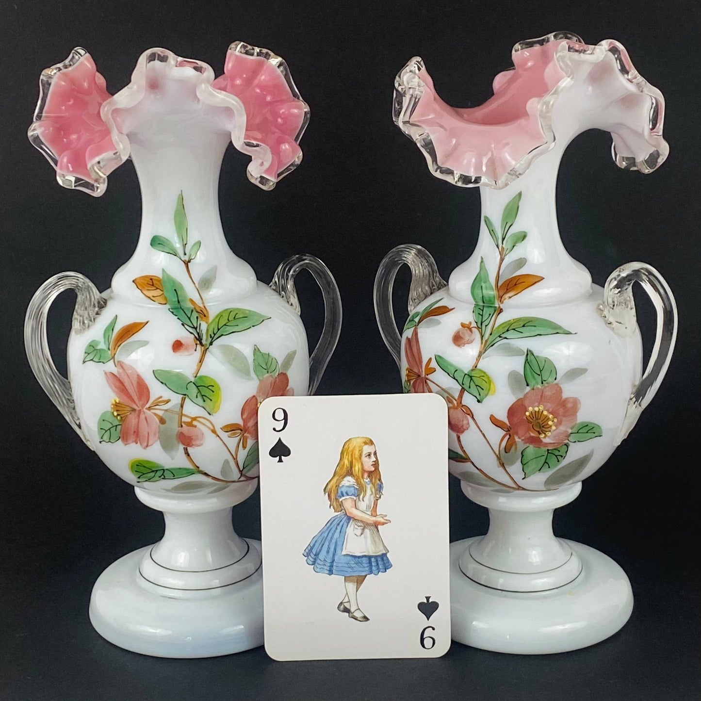 Rare Pair Fenton Vases Vtg c1940s Silver Crest Ruffle Milk Glass Pink & White