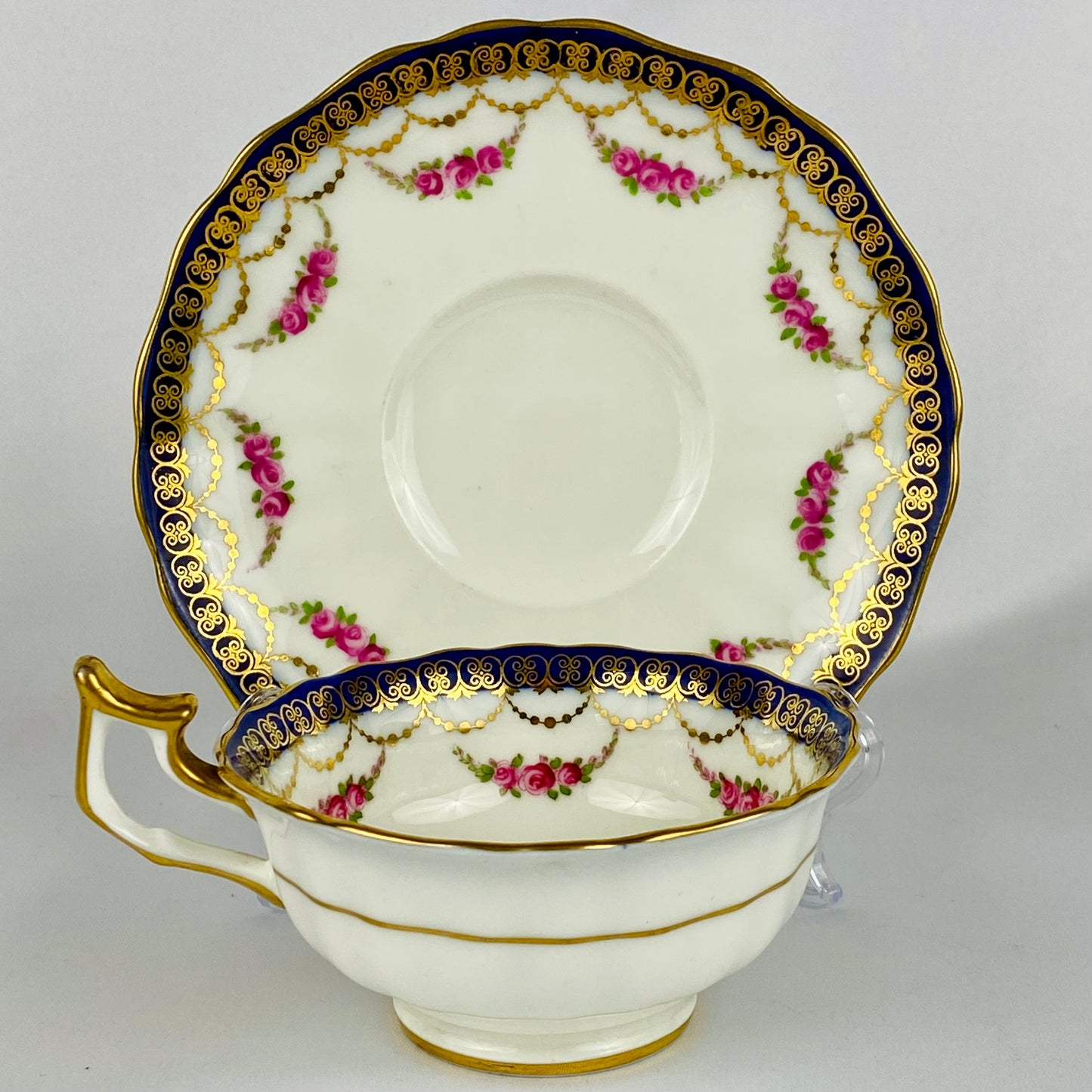 Antique Cauldon Tea Cup & Saucer Gold Gilt c1904 English Porcelain Rose Garland