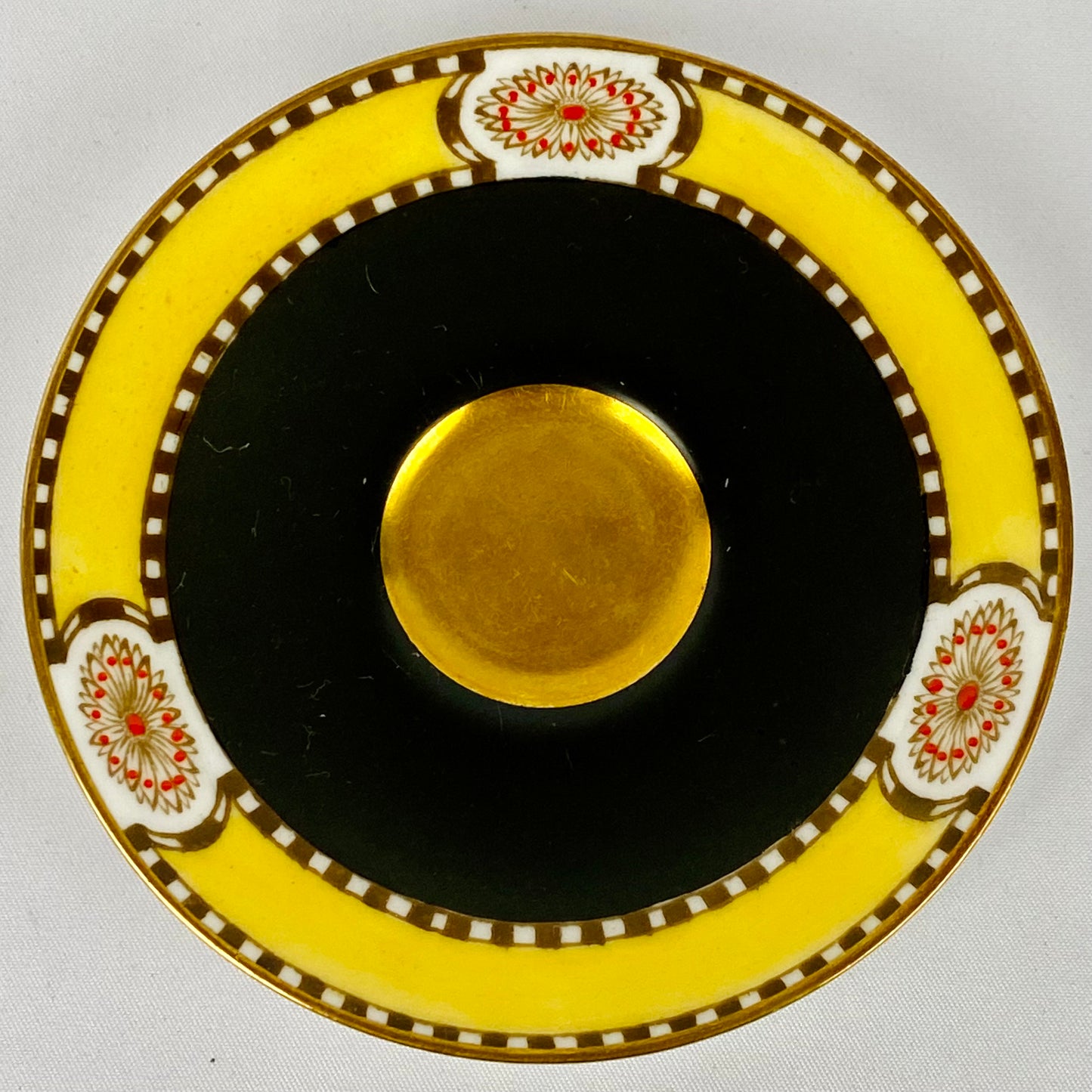 4 Antique Royal Worcester Cups & Saucers Jewelled Black Yellow #2583 Gold Gilt