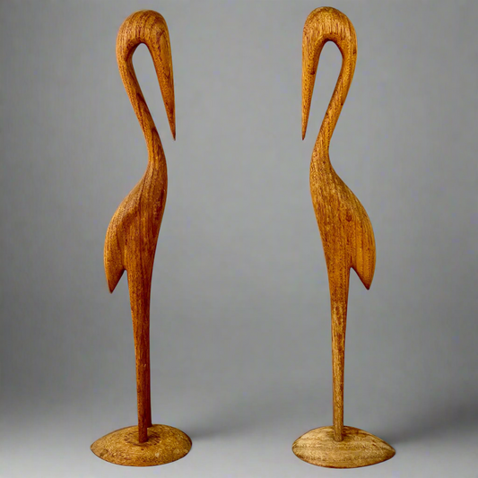 DANISH 1960s Pair Heron Crane Sculpture Hand Carved Teak Wood Chris Traevare