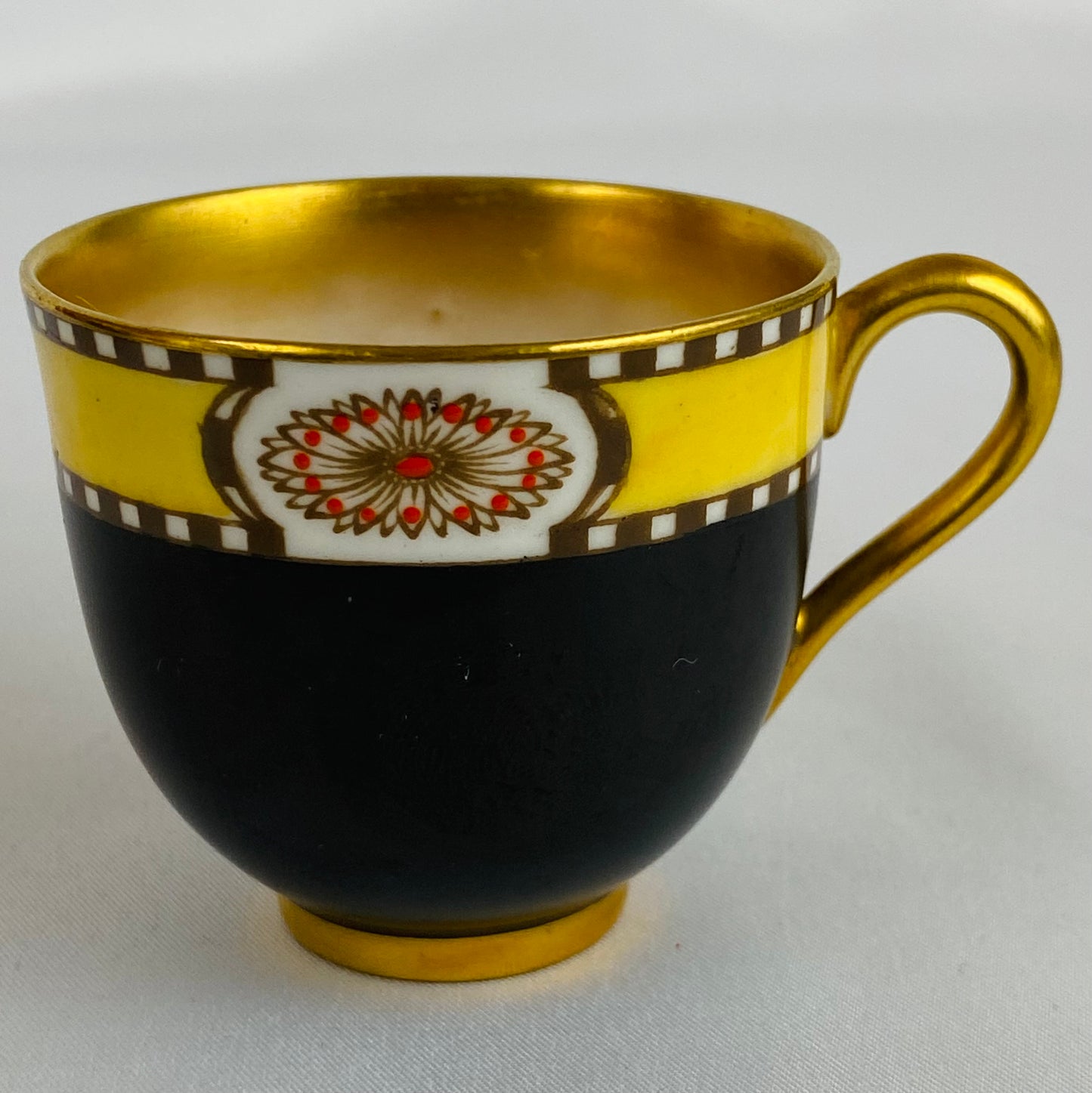 4 Antique Royal Worcester Cups & Saucers Jewelled Black Yellow #2583 Gold Gilt