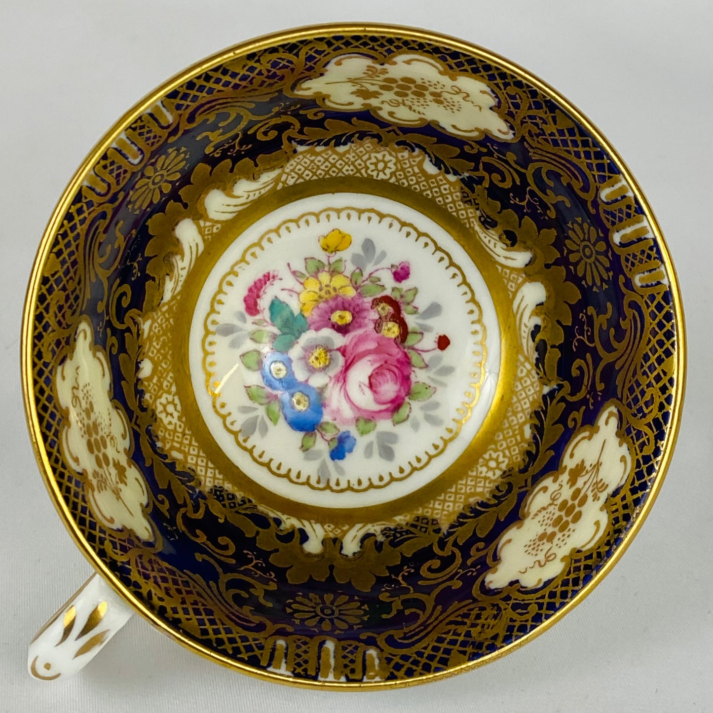 c1930 Crown Staffordshire Cup Saucer Trio & Cake Plate A13727 Cobalt Blue Pink Rose Gold Gilt