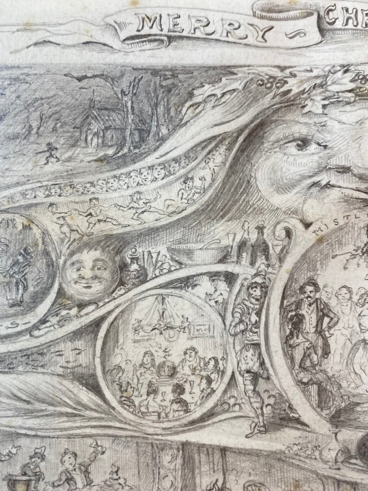 Antique Pencil Fine Drawing Christmas A Reverie 19thc Illustration by Hinksley 1857