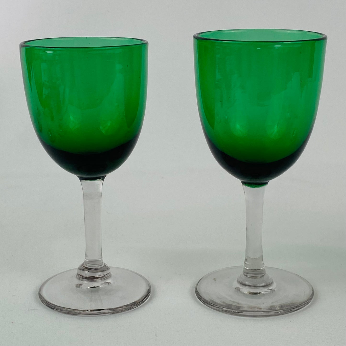 8  Antique Emerald Green Small Wine / Sherry Glass Clear Stem Bristol Studio