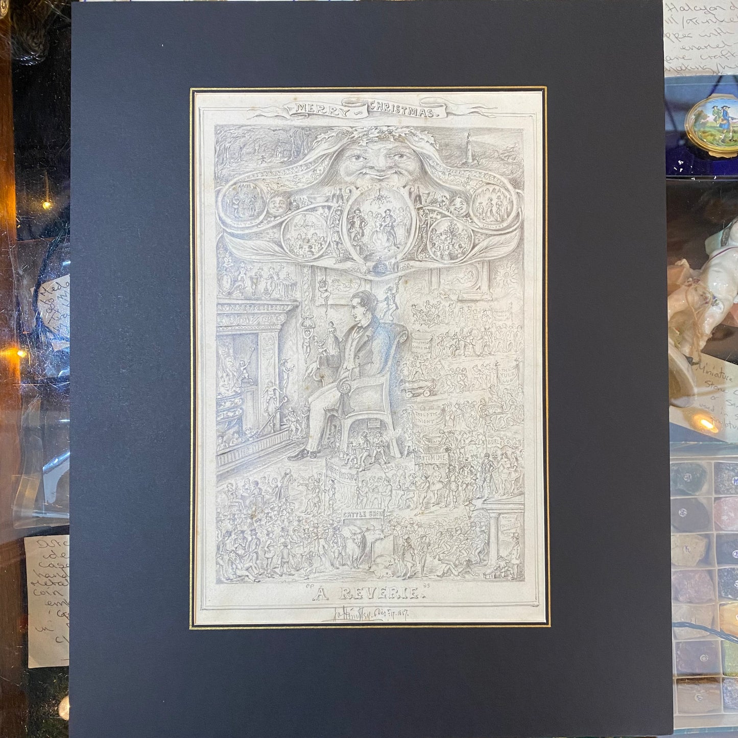 Antique Pencil Fine Drawing Christmas A Reverie 19thc Illustration by Hinksley 1857