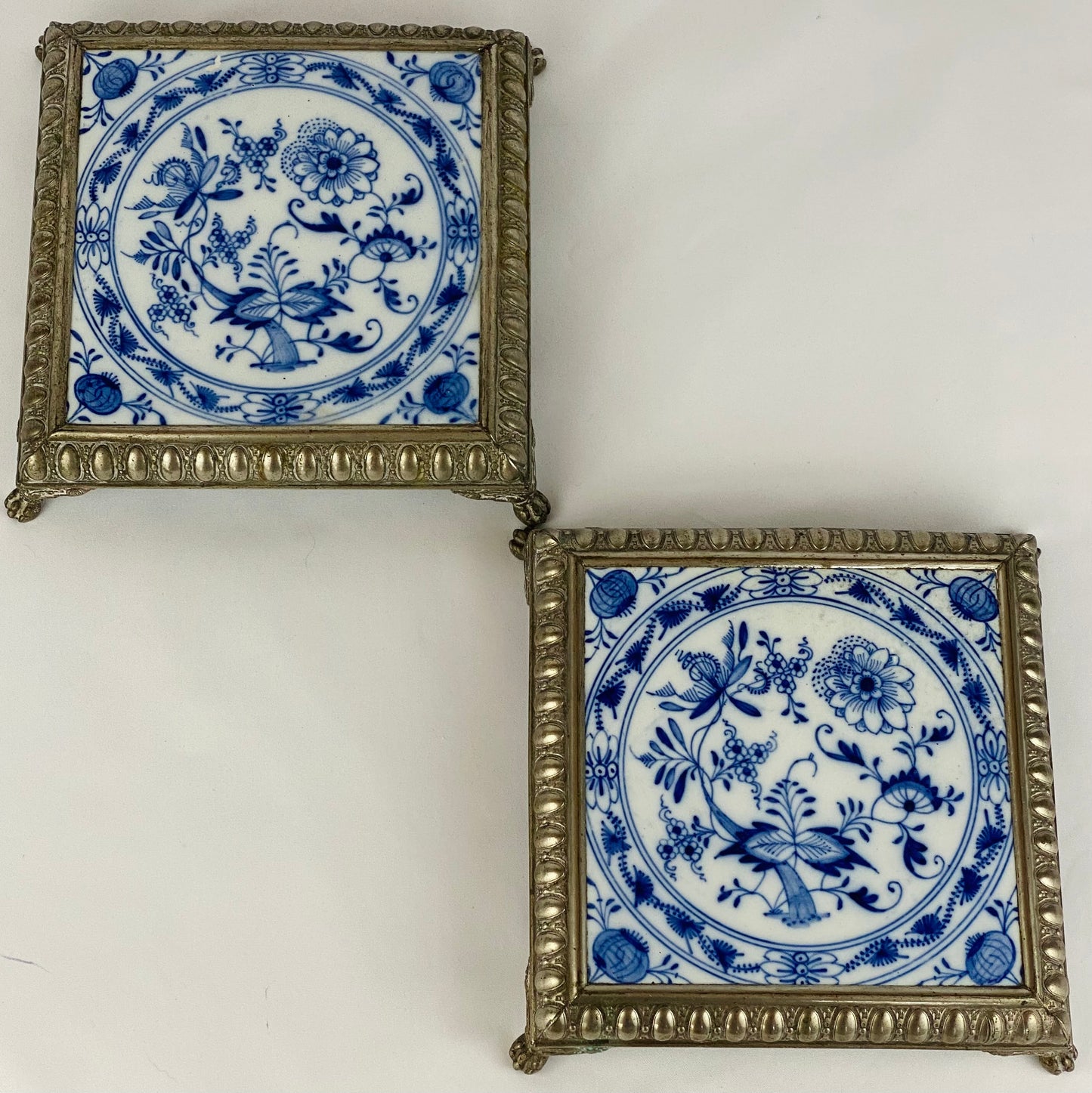 19thc Antique Pair of Blue Onion Trivet Pot Rest Tiles by Ludwig Wessel