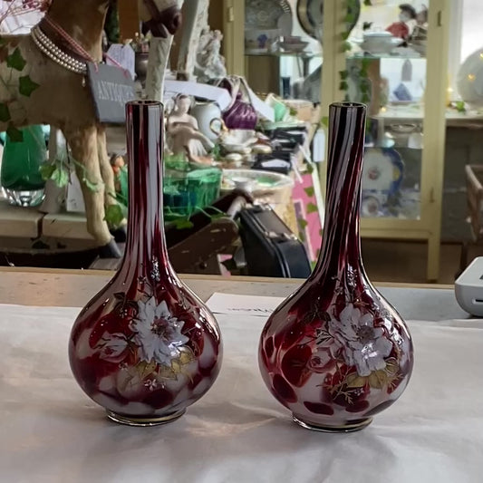 Pair Bohemian Glass Vase Franz Welz Red Tortoiseshell Splatter Gold Gilt Floral